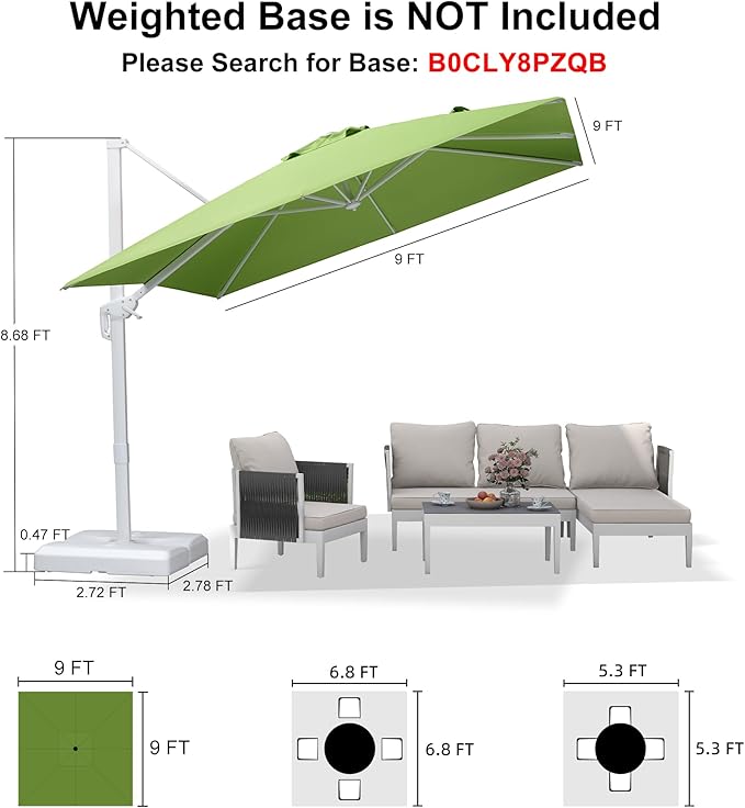 PURPLE LEAF 9 FT Patio Umbrella White Cantilever Umbrella Aluminum Square Outdoor Offset Umbrella Hanging Windproof with 360° Rotation for Garden Deck Pool, Green