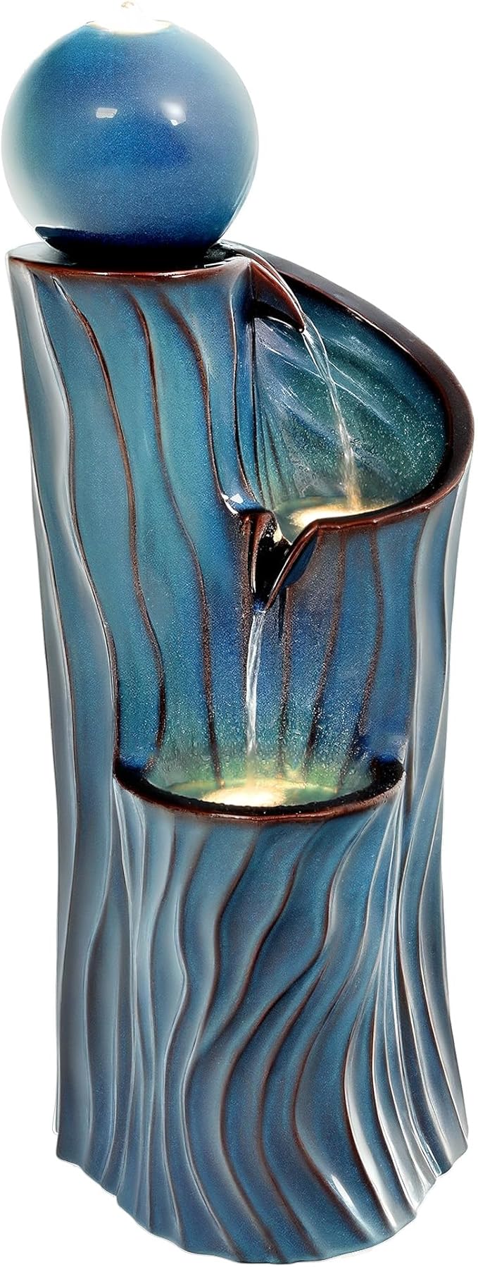 32" H Ceramic Outdoor Water Fountain with Lights, Art Sphere Fountains for Outside, Soothing Cascading Waterfalls for Relaxing Garden Patio Yard or Porch Decor, Turquoise, Dynamic Wave-Texture