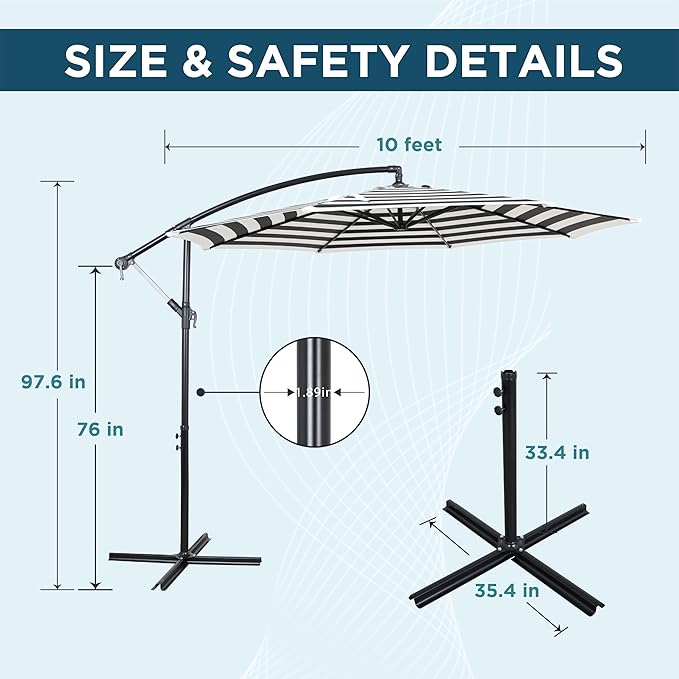10FT Offset Patio Umbrella, Cantilever Hanging Umbrella with Infinite Tilt, Fade-Resistant Water-Repellent Canopy & Cross Base for Yard, Garden & Deck