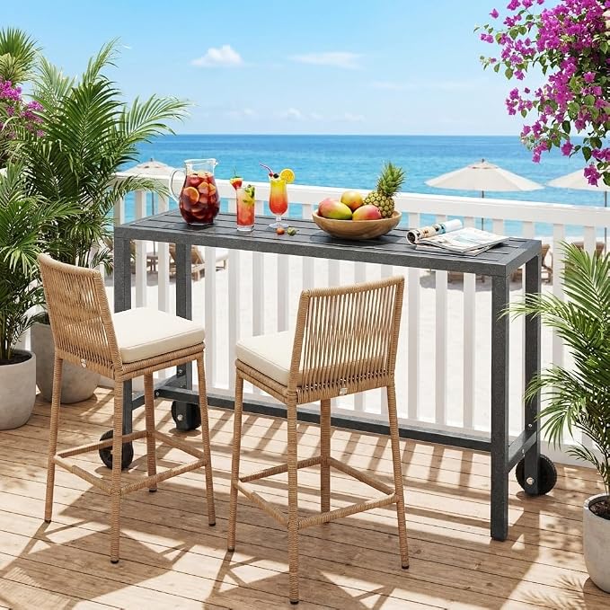 YITAHOME Metal Outdoor Patio Bar Table, 55" Tall Bar Height Table with Wheels, Narrow Rectangle Console Table for Balcony Garden Poolside, Silver Bottom Texture