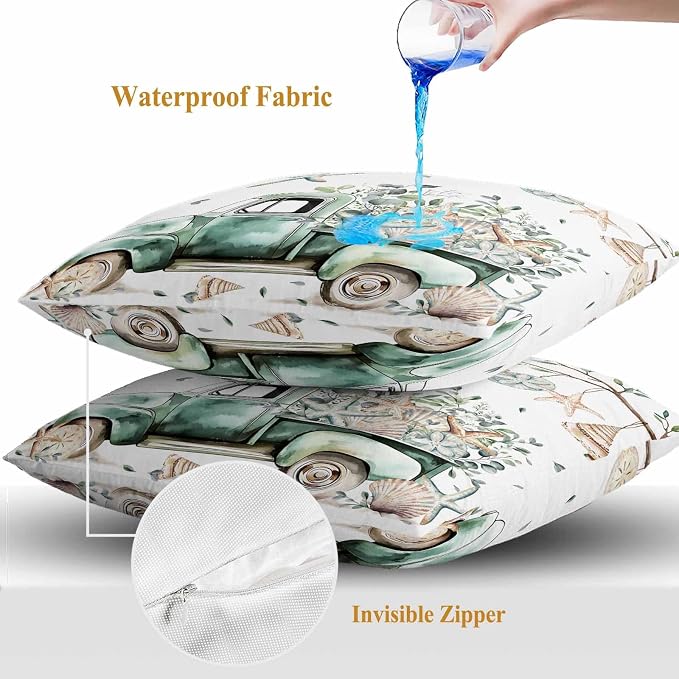 Sage Green Truck Outdoor Waterproof Throw Pillow Covers Set of 2, 26"x26", Ocean Starfish Shell Summer Leaf Decorative Pillow Covers Outside Cushion Case for Patio Porch Garden