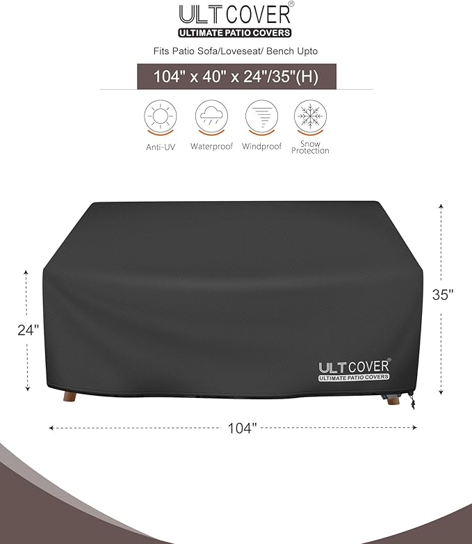 ULTCOVER Waterproof Outdoor Deep Seat Sofa Bench Cover 104W x 40D x 35H inch Patio Furniture Couch Cover, Black