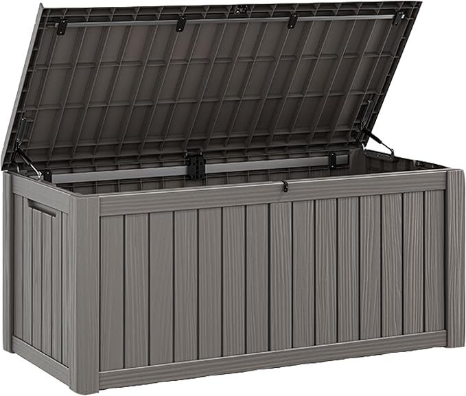 Fancyango 180 Gallon Outdoor Deck Box Waterproof, Large Storage Box for Patio, Resin Storage Bench Lockable for Garden Tools, Package Delivery, Grey