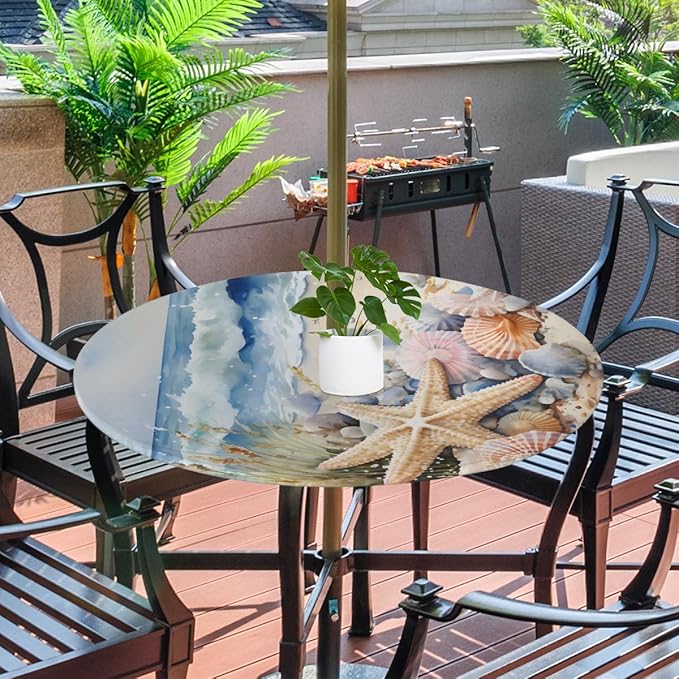OSAM SPACE Outdoor Tablecloth with Umbrella Hole, Round Elastic Fitted Table Cloth with Invisible Zipper, Beach Starfish Picnic Patio Table Cover 45-56in