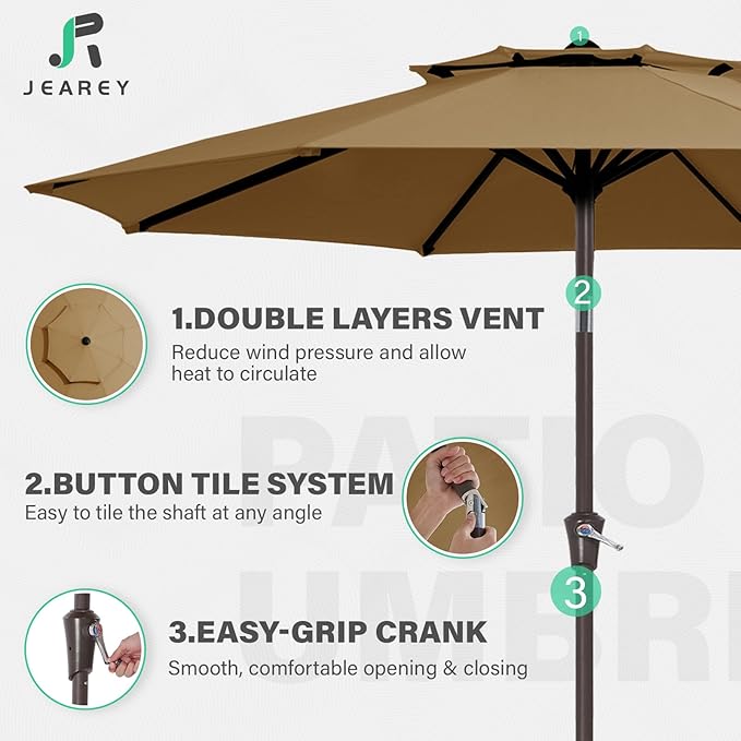 JEAREY 9' 2-Tiers Patio Umbrellas Outdoor Table Market Umbrella w/Push Button Tilt/Crank, 8 Sturdy Ribs, UV Protection Waterproof Sunproof(Tan)