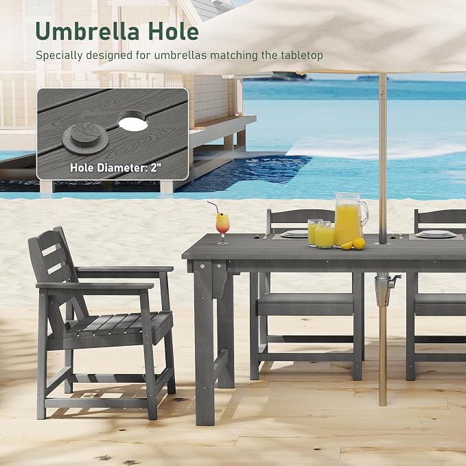 Furnimart 5-Piece Outdoor Dining Set, 67" HDPE Dining Table and Chairs for 4, All-Weather Patio Dining Set with Umbrella Hole, Outdoor Furniture Set for Backyard, Garden, Lawn & Poolside, Grey