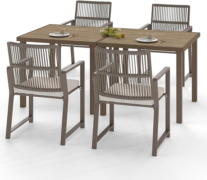 6 Pieces Outdoor Dinning Set Featuring 2 Aluminum Tables and 4 Iron Alloy Ratten Chairs Waterproof and Rust-Proof Courtyard Style Table Garden Balcony Poolside, Light Brown 6 Pcs