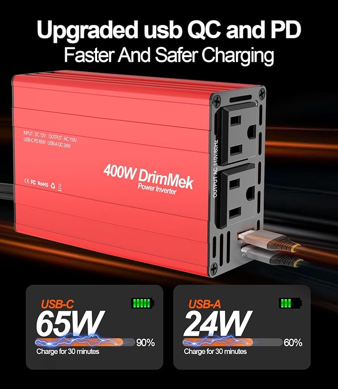 400W Car Power Inverter for Vehicles｜24W+65W USB C,12V DC to AC | 65w Fast Charger,2 AC Output,Aluminum alloy casing