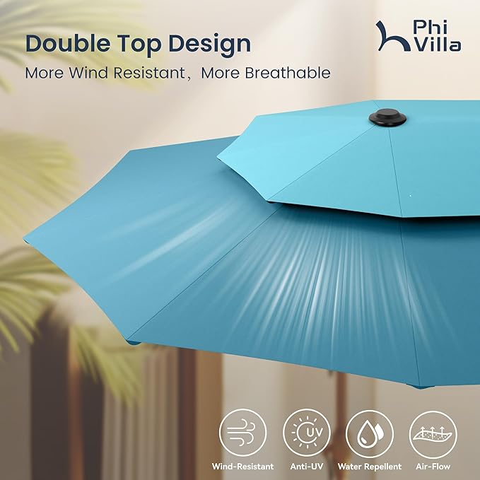 PHI VILLA 13ft Large Patio Umbrellas with Base Included, 2-Tier Double-Sided Outdoor Market Rectangle Umbrella for Outside, Blue & Cerulean