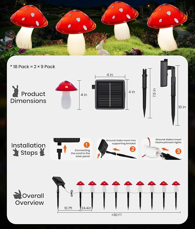 18 Pack Solar Mushroom Lights Outdoor, Garden Outdoor Decor, 8 Lighting Modes, IP65 Waterproof, Crystal-Clear Fairy Decoration for Pathway/Yard/Flower Bed/Patio/Landscape/Backyard/Dwarf, String 2×30FT