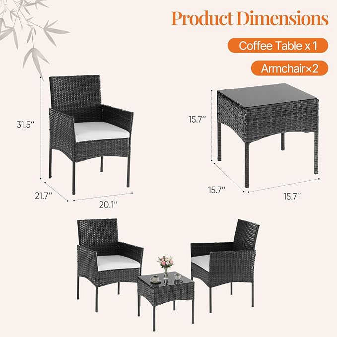 Sweetcrispy 3 Piece Patio Furniture Set, All-Weather Outdoor Wicker Bistro Set with Removable Cushions & Tempered Glass Table, Small Conversation Seating for Porch, Balcony, Deck, Backyard, Black