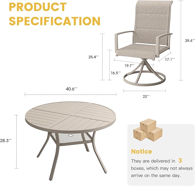 VICLLAX Patio Dining Set for 4, 4 Seats Outdoor Furniture Includes 40.7" Round Patio Table and Swivel Padded Chairs, Sandshell Color Tabletop and Fabric