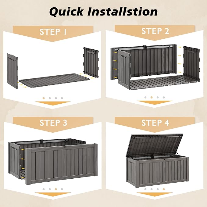 Fancyango 180 Gallon Outdoor Deck Box Waterproof, Large Storage Box for Patio, Resin Storage Bench Lockable for Garden Tools, Package Delivery, Grey