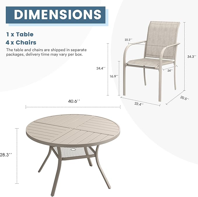 DIFY 5 Pieces Outdoor Patio Dining Set for 4, 40.6" Sandshell Round Metal Dining Table and 4 Sandshell Stackable Sling Dining Chairs, Outdoor Table and Chairs for Lawn Garden Backyard Deck