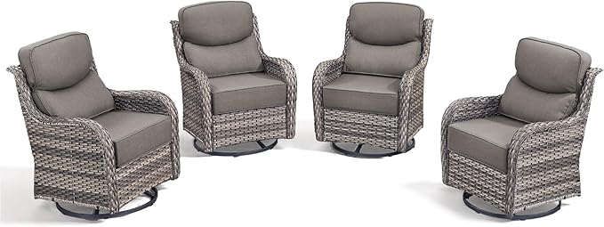 Luxury Outdoor Swivel Rocker Patio Chairs-4 Pieces High Back Swivel Rocker Patio Chairs with Thick Cushions All Weather Wicker Outdoor Furniture Set for Deck Porch Balcony(Grey/Grey)