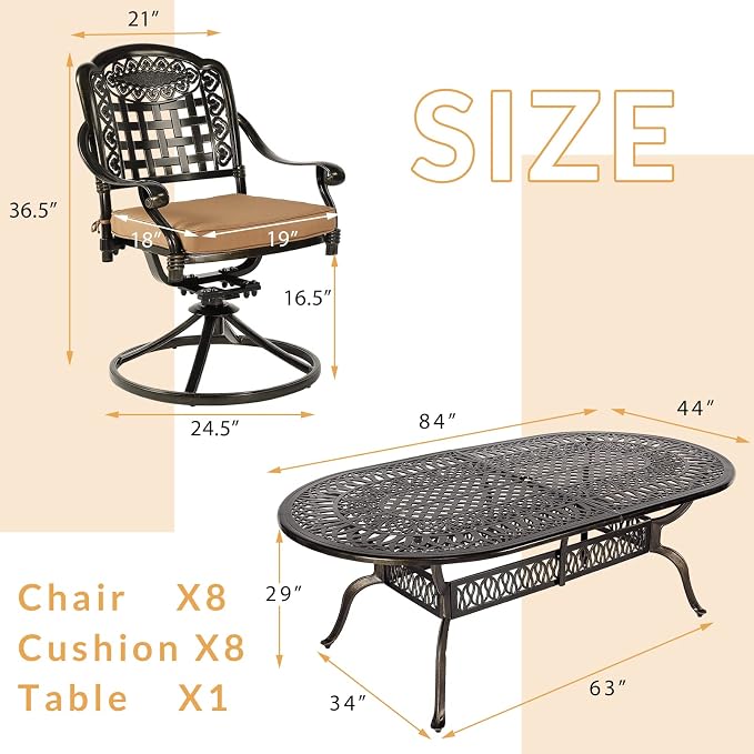 9-Piece Modern Patio Dining Set, Oval Cast Aluminum Dining Table with Umbrella Hole, 8 Swivel Rocker Chairs, Patio Funiture Set for Lawn Garden