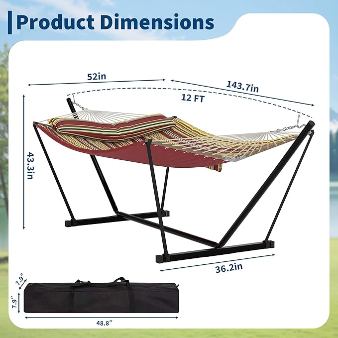 Double Hammock with Stand for Outdoor Use – 2-Person Portable Hammock with Curved Spreader Bar & Balance Ropes, Heavy Duty 450 LBS Capacity for Backyard, Patio & Camping, Red