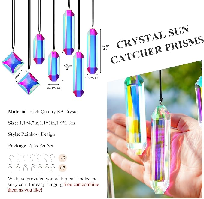 Set 7 Crystal Sun Catcher Prisms AB Colored Suncatcher Crystals for Window | Rainbow Maker Prisms,Indoor Window Suncatchers Hanging,Glass Ornaments for Christmas Tree Home Garden Decor,Gift For Women