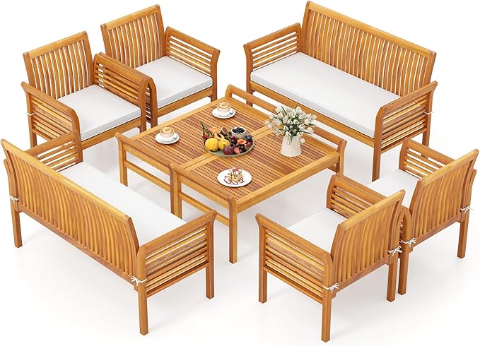 HAPPYGRILL 8 Pieces Acacia Wood Patio Conversation Set, Outdoor Wood Furniture Set with Seat Cushions, Wicker Sofa Chairs & Coffee Table for Garden Poolside Deck (2)