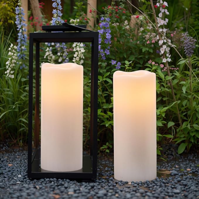 10" 10" × 4" Large Outdoor Candles with Timer Waterproof, Battery Operated Outdoor Candle Lantern Flickering LED Pillar Candles 2 Pack for Patio Porch Garden Home Decor, Cream White