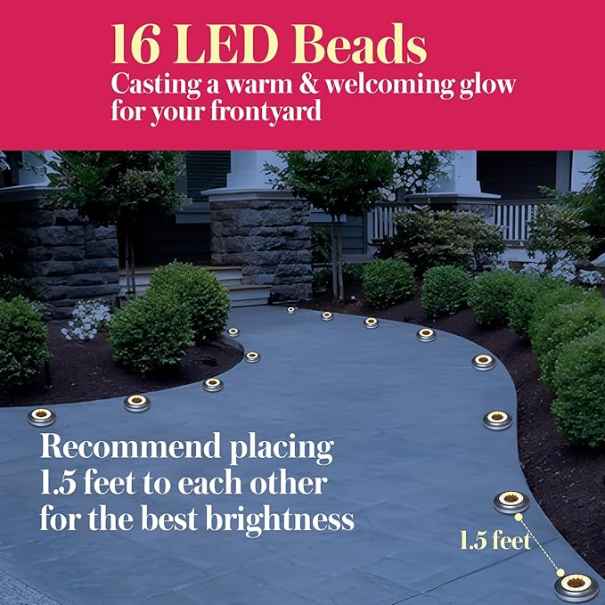 Solar Ground Light 8 Packs, Upgraded 16-LEDs Solar Outdoor Light for Patio, Mower-Friendly Withstand 200lbs Solar Powered Lights, IP66 Waterproof & Reusable Spike, Warm White