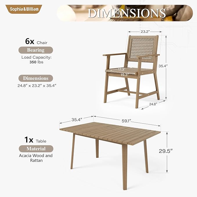 Sophia & William Patio Table and Chairs Set, 7-Piece Rattan Outdoor Dining Set Acacia Wood Patio Dining Sets for Yard, Garden, Porch and Poolside(Light Brown)
