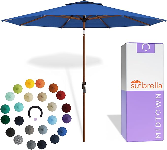 Midtown Umbrellas Wooden 2-8 Ft Patio Umbrella with 360° Swivel & Tilt Mechanism, 8 Fiberglass Ribs & Sunbrella Fabric - Outdoor Umbrella for Deck, Pool & Garden - Burgundy Canopy, Wooden Pole