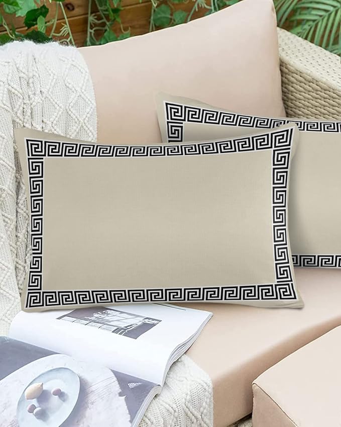 Prime Leader Outdoor Waterproof Pillow Covers Set of 2, Chinese Style Pattern Khaki Background Patio Throw Pillow Covers, Decorative Cushion Case for Couch Sofa Furniture Garden, 20x12 Inch