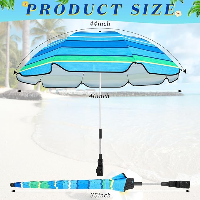Buryeah 2 Pcs Beach Chair Umbrella Automatic with Universal Adjustable Clamp 44" UPF 50+ Portable Clamp on Beach Chair for Wheelchair Patio Golf Carts Camping