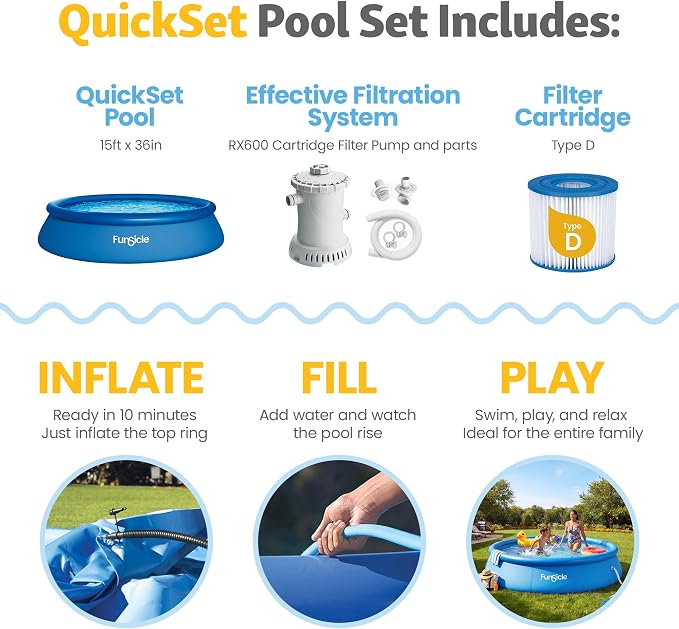 Funsicle Quickset 15' x 36" Round Above Ground Swimming Pool, with FiltraBoost 800 GPH Filter Pump, Type D Filter Cartridge & Repair Patch