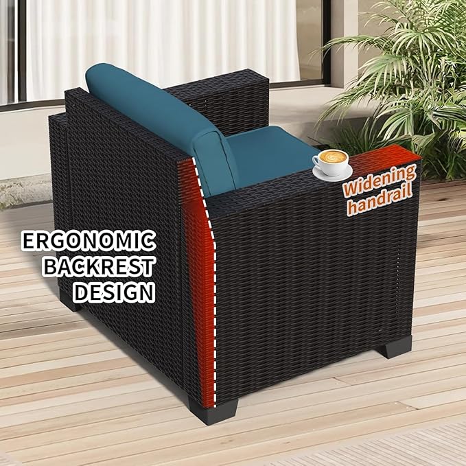 7 Pieces Patio Furniture Set Wicker Outdoor Furniture All-Weather Outdoor Sofa with Thick Cushions & Coffee Table Patio Conversation Set for Lawn, Patio, Balcony, Deck, Poolside (Brown & Peacock blue)