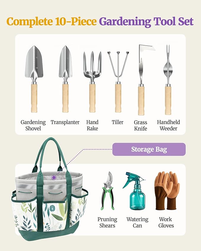 10 Pcs Garden Tool Set, Heavy Duty Stainless Steel Garden Tool with Ash Wood Handle, Rust-Proof Gardening Gifts for Women & Men, Includes Pruner, Weeder & Multi-Pocket Storage Tote Bag (Green)