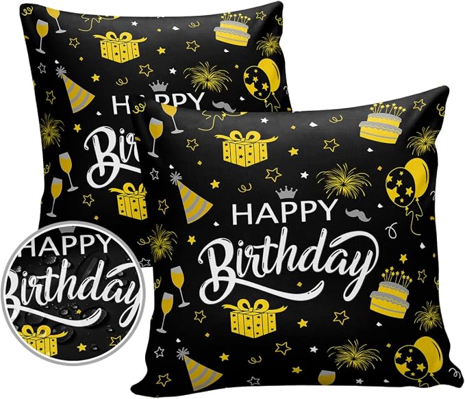 Prime Leader Outdoor Waterproof Pillow Covers Set of 2, Happy Birthday Cake Firwoks Black Patio Throw Pillow Covers, Decorative Cushion Case for Couch Sofa Furniture Garden, 20x20 Inch