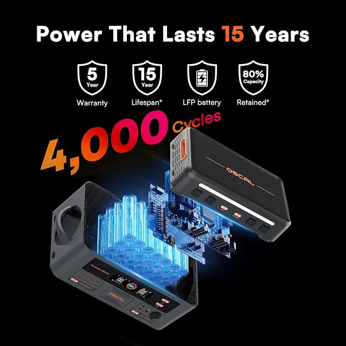 OSCAL 3600W with 2x500W Solar Panels, Portable Power Station, 2016Wh LiFePO4 Battery, 3600W(Peak 7200W) Solar Generator, 90 Min Fast Charge, 14 Ports, LED Light, Home Backup, RV, Camping & Outdoor