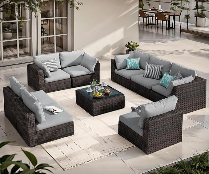9 Piece Patio Furniture Set All Weather PE Rattan Outdoor Sectional Sofa Couch with No-Slip Cushions and Glass Top Table for Garden, Poolside, Backyard (Gray)
