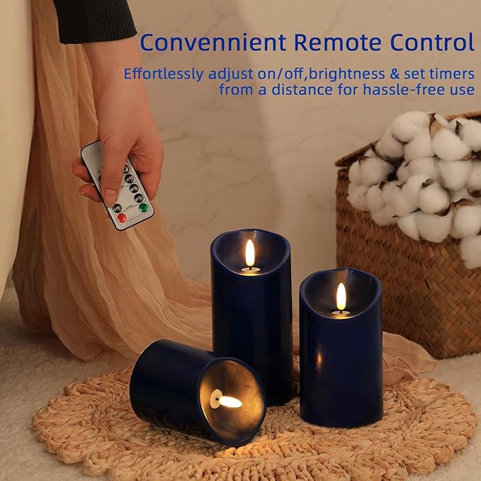Navy Blue Flameless Candles with Remote Timer, Real Wax LED Candles Flickering, 3D Wick Fake Candles Candles Battery Operated for Home Living Room Wedding Party Gifts, Navy Blue Decor, Set of 3
