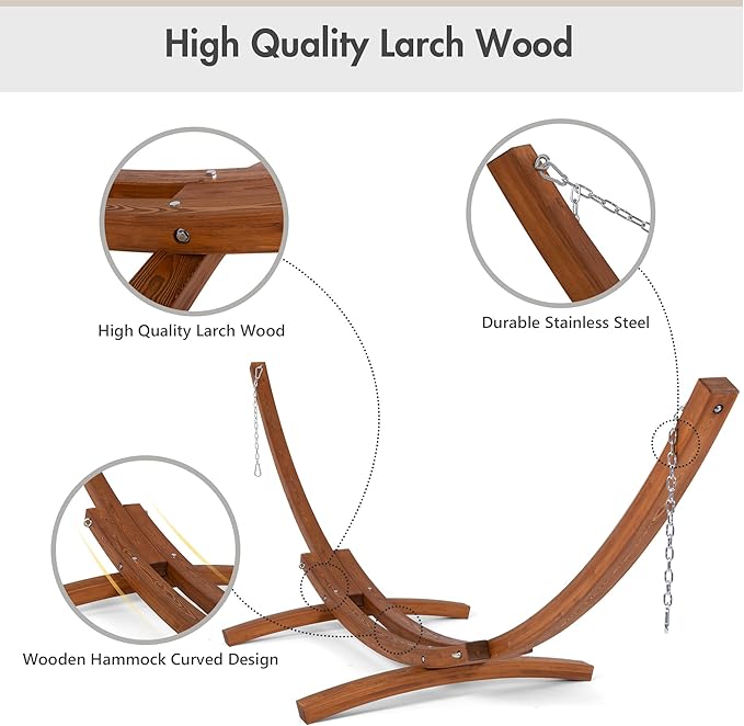 ANOW Heavy Duty Curved Wood Arc Stand with 2 Person Hammock, 13.5FT Larch Wood Stand with 2 Chains, 4 Balance Ropes and 4 Carabiners, Includes Cream Hammock with Spreader Bars