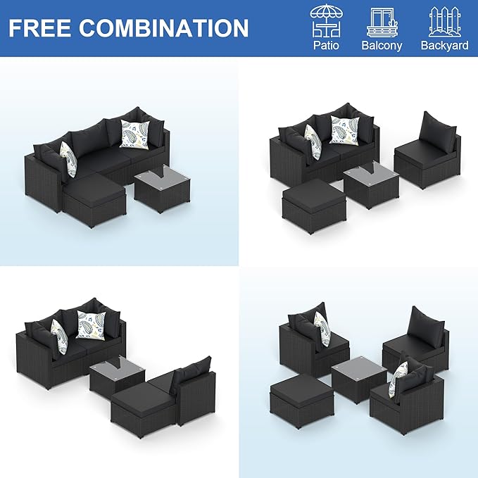 Patio Furniture Set, 5PCS Patio Sectional with Ottoman Wicker Rattan Outdoor Furniture with Thickened Cushion Modular Wicker Patio Conversation Set with Glass Top Table for Balcony, Backyard (Black)