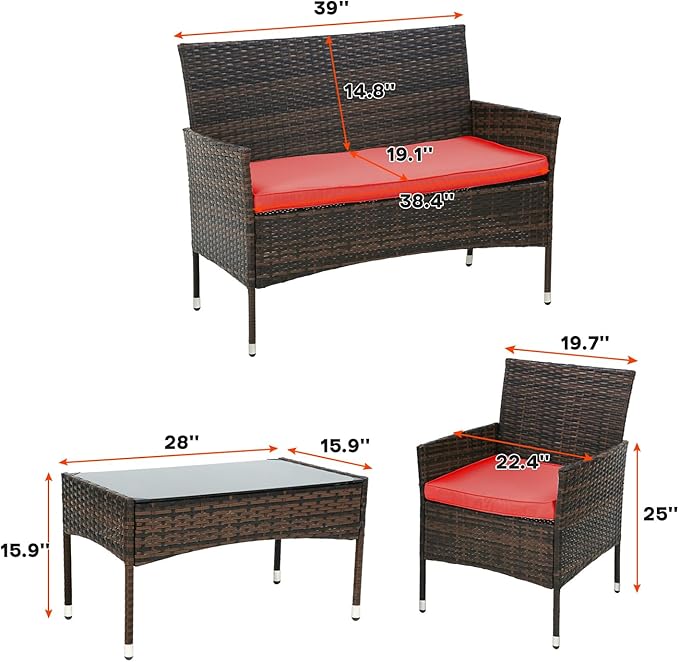 PayLessHere Outdoor Furniture Set 4 Pcs Modular Patio Furniture Set Water Resistant Conversation Set with 3 Rattan Chairs 1 Tempered Glass Topped Table for Patio Poolside, Brown Wicker/Red Cushions