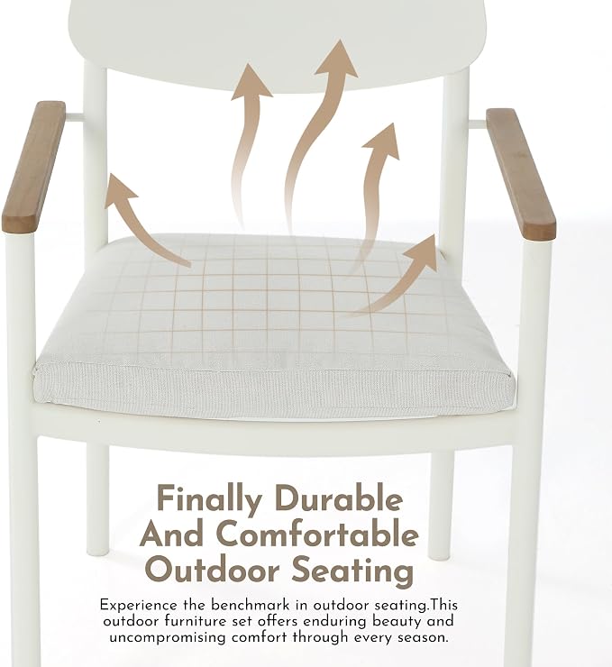 Modern Shade Lusso Outdoor Dining Chairs Set of 2, Fade Resistant, All-Aluminum Outdoor Chairs with FSC Teak Wood Armrests, Weather-Resistant Patio Chair with Quick Dry Cushion, White