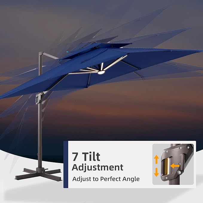 9x12 FT Patio Umbrella with LED Lights Cantilever Outdoor Large Heavy Duty Rectangle Aluminum Offset Umbrellas Double Top 360 Rotation 7 Tilt Adjustment for Pool Deck Garden, Navy