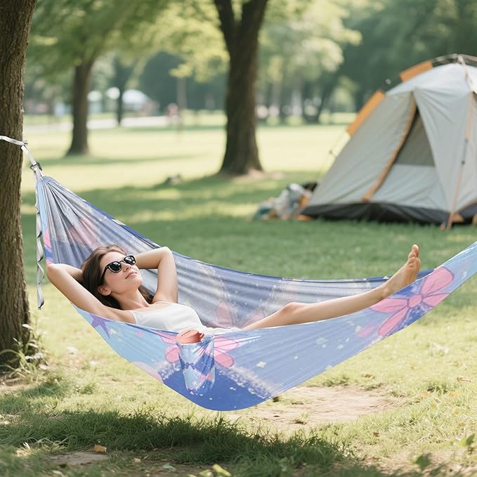 Blue and Pink Cute Bow Check 330lb Capacity Outdoor Hammock with Tree Straps Hanging Hammock for Outside Camping Essentials hamaca para adultos
