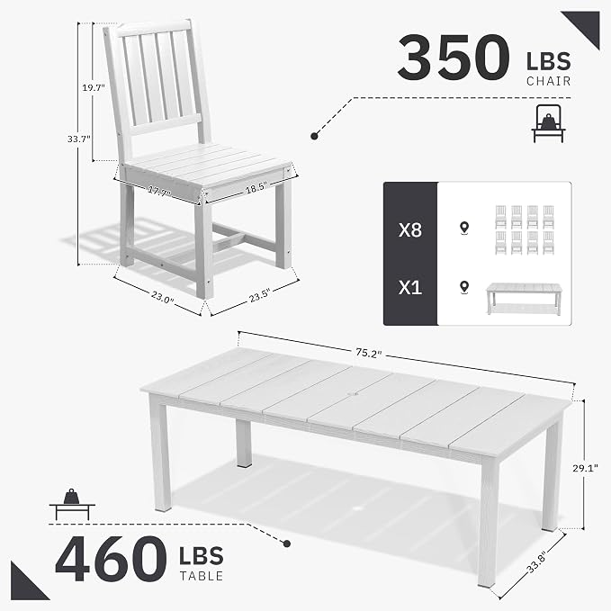 AreShark 9-Piece Outdoor Dining Set,HDPE Patio Table with 8 Chairs,All-Weather Patio Furniture Set with Umbrella Hole,Low Maintenance Wood Grain Dining Set for Backyard,Garden,Poolside,White