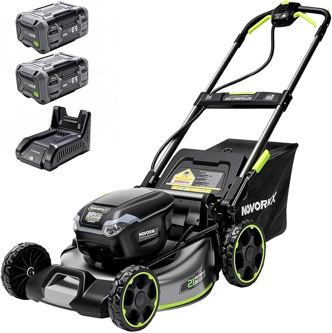 NovorikX 60V Cordless Lawn Mower with 2X5.0Ah Battries, 21" Self Propelled Electric Lawn Mower, Brushless Motor, LED Headlight 3 in 1 Mulching Bagging Side Discharge Obsidian Black