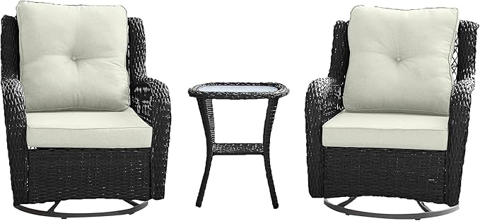 Manhattan Comfort Fruttuo 3-Piece Patio Conversation Set, Swivel Steel Rattan Chairs with Removable Cushions & Tempered Glass End Table, Weather-Resistant Outdoor Furniture for Backyard & Porch, Cream
