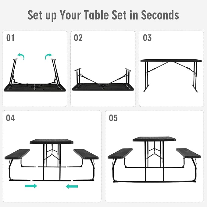 GYMAX Picnic Table, 550 LBS Folding Picnic Tables with Benches & Seats, Weather-Resistant Easy Setup Portable Picnic Table, Wood-Like Foldable Picnic Tables for Outdoors Patio Deck Party BBQ (Black)