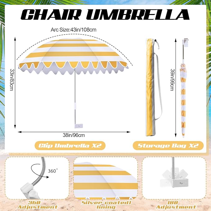 Abbylike 2 Pcs Scalloped Chair Umbrella with Universal Adjustable Clamp 38'' Portable Wheelchair Umbrella UPF 50+ Camping Chair Parasol with Bag for Outdoor Patio Lawn
