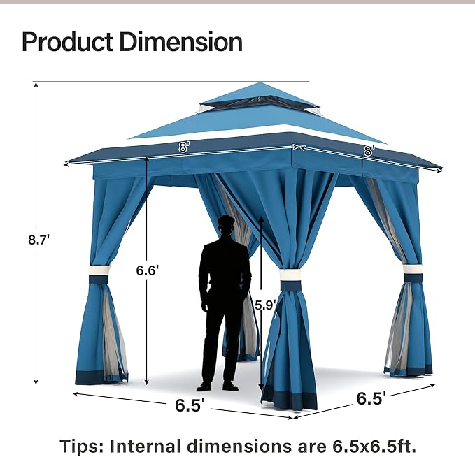 LAUSAINT HOME 8'x8' Outdoor Gazebo, Metal Frame Heavy Duty Patio Canopy Tent Shelter with Double Roofs, Mosquito Nettings and Privacy Screens for Backyard, Garden, Lawn, Steel Blue