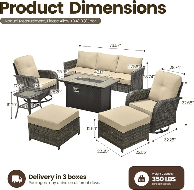 7 Piece Patio Furniture Set with Firepit Swivel Chair, Beige | High Back Swivel Rocker Chairs, Deep Seat Sofa Ottoman, Fire Pit Table, Outdoor Conversation Sets for Porch Deck Backyard