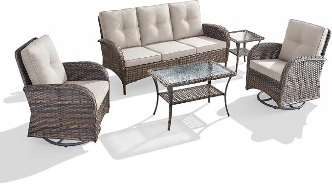 5 Piece Patio Furniture Set - Wicker Patio Conversation Set with Swivel Glider, 3 Seat Sofa, Tempered Glass Side Table and Coffee Table for Deck Backyard - Brown Wicker Beige Cushion